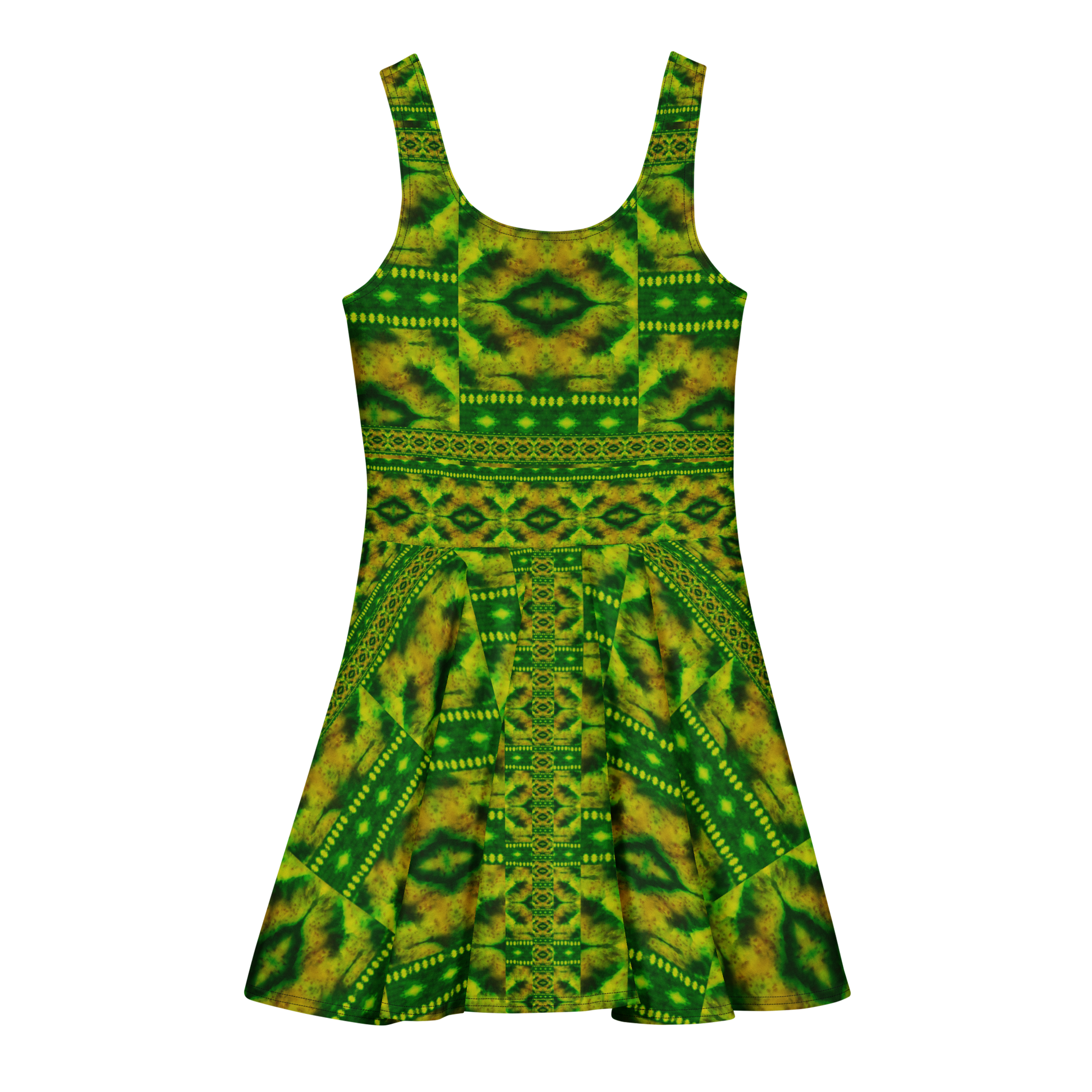 Purely Jade Light sleeveless Cotton Skater Dress with green-and-gold jade-light print with deep green bands, back view with fitted bodice and flared skirt