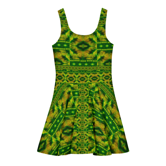 Purely Jade Light sleeveless Cotton Skater Dress with green-and-gold jade-light print with deep green bands, back view with fitted bodice and flared skirt