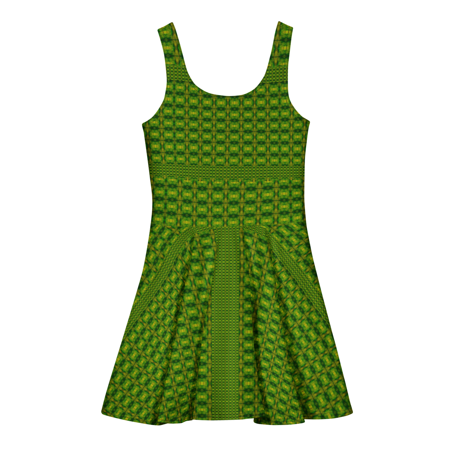 Purely Jade Light sleeveless Cotton Skater Dress with green-and-gold jade-light print, back view with fitted bodice and flared skirt