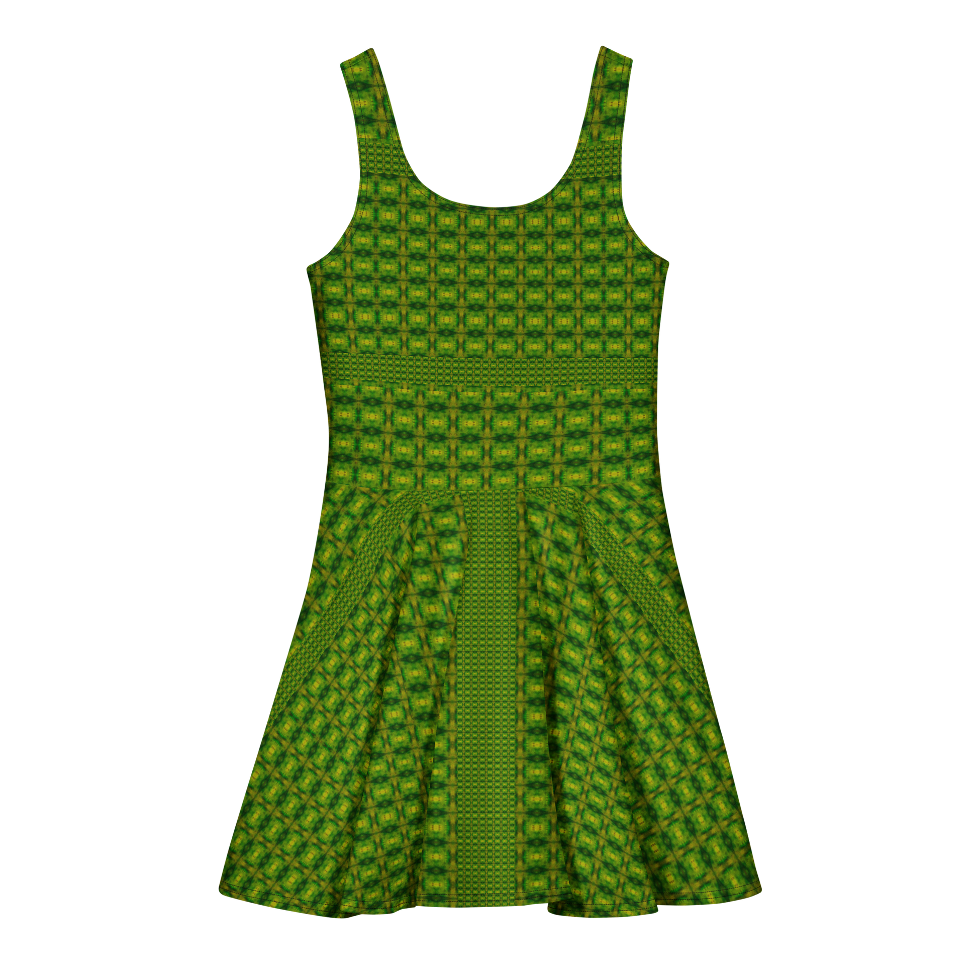 Purely Jade Light sleeveless Cotton Skater Dress with green-and-gold jade-light print, back view with fitted bodice and flared skirt