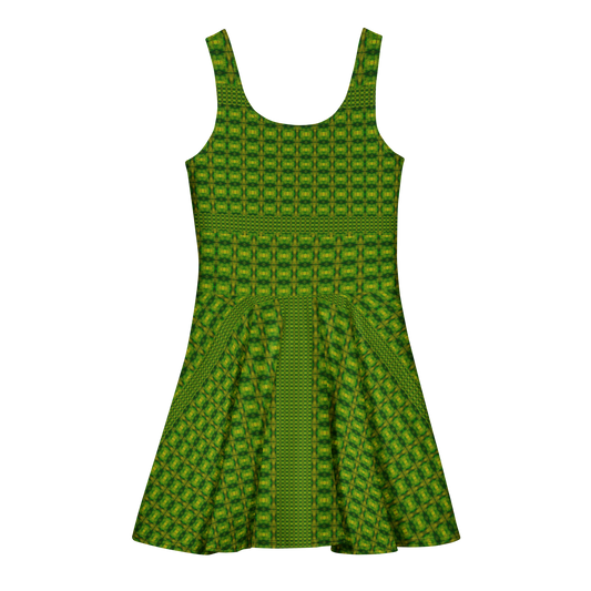 Purely Jade Light sleeveless Cotton Skater Dress with green-and-gold jade-light print, back view with fitted bodice and flared skirt