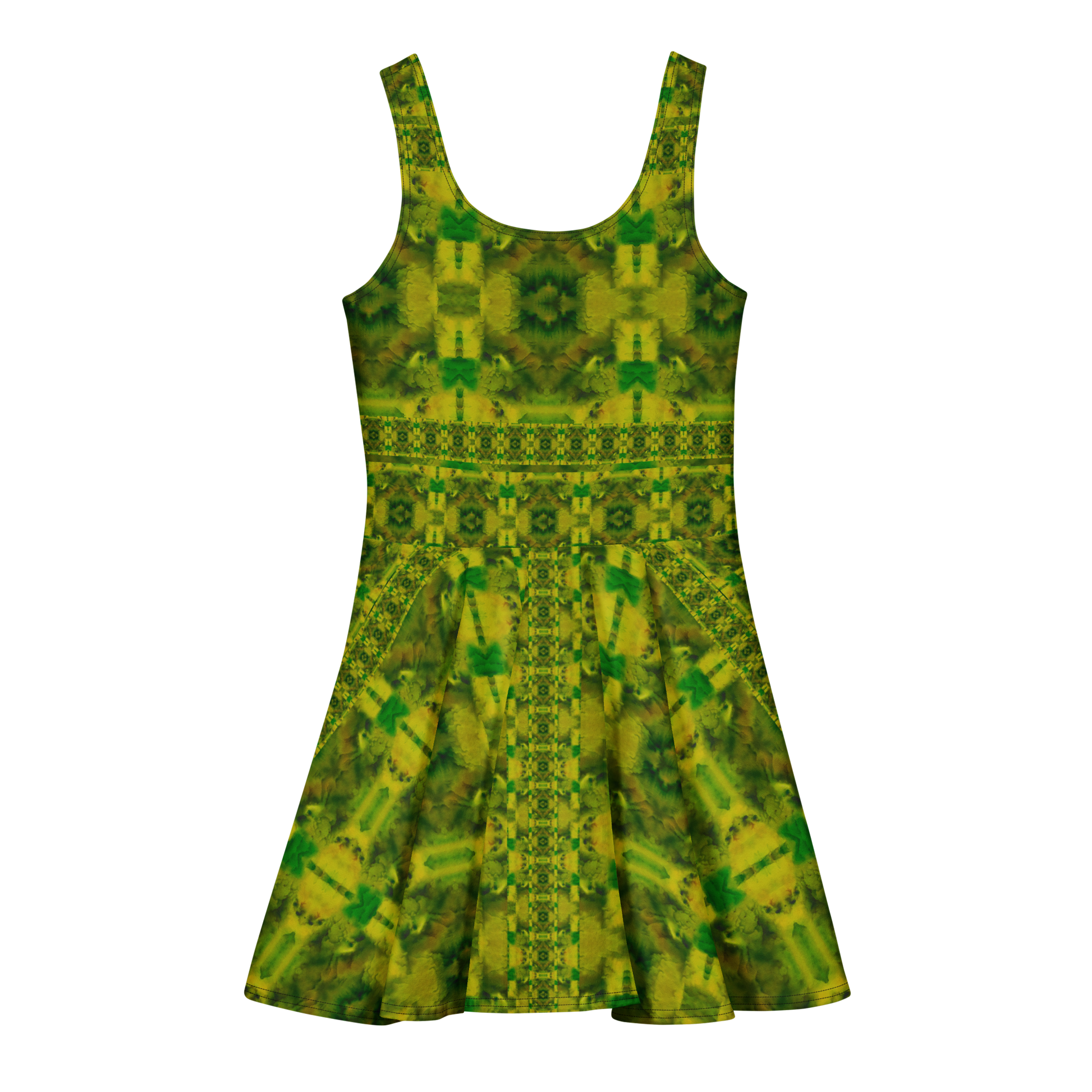 Purely Jade Light sleeveless Cotton Skater Dress with yellow-green jade-light print with green accents, back view with fitted bodice and flared skirt
