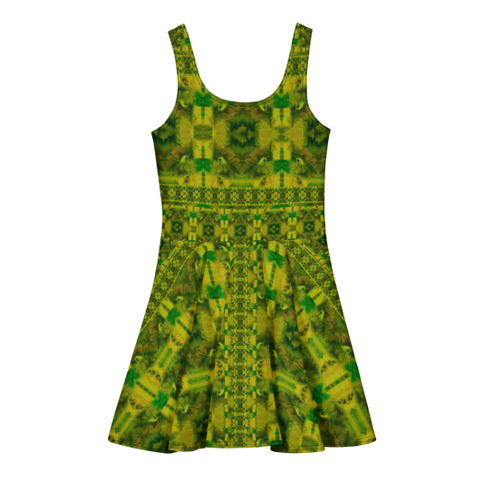 Purely Jade Light sleeveless Cotton Skater Dress with yellow-green jade-light print with green accents, back view with fitted bodice and flared skirt