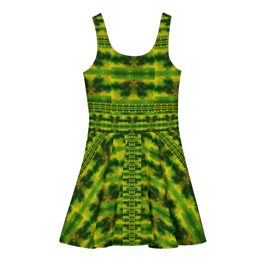 Purely Jade Light sleeveless Cotton Skater Dress with yellow-green and deep green jade-light print, back view with fitted bodice and flared skirt