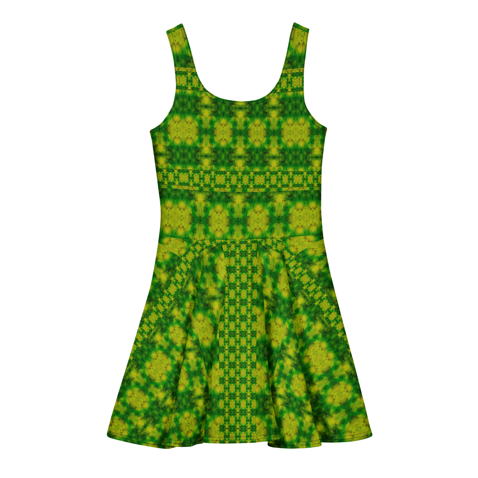 Purely Jade Light sleeveless Cotton Skater Dress with yellow-green and green jade-light print, back view with fitted bodice and flared skirt