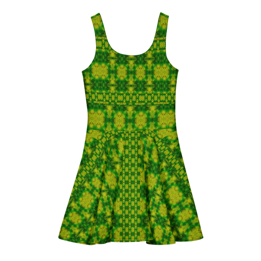 Purely Jade Light sleeveless Cotton Skater Dress with yellow-green and green jade-light print, back view with fitted bodice and flared skirt