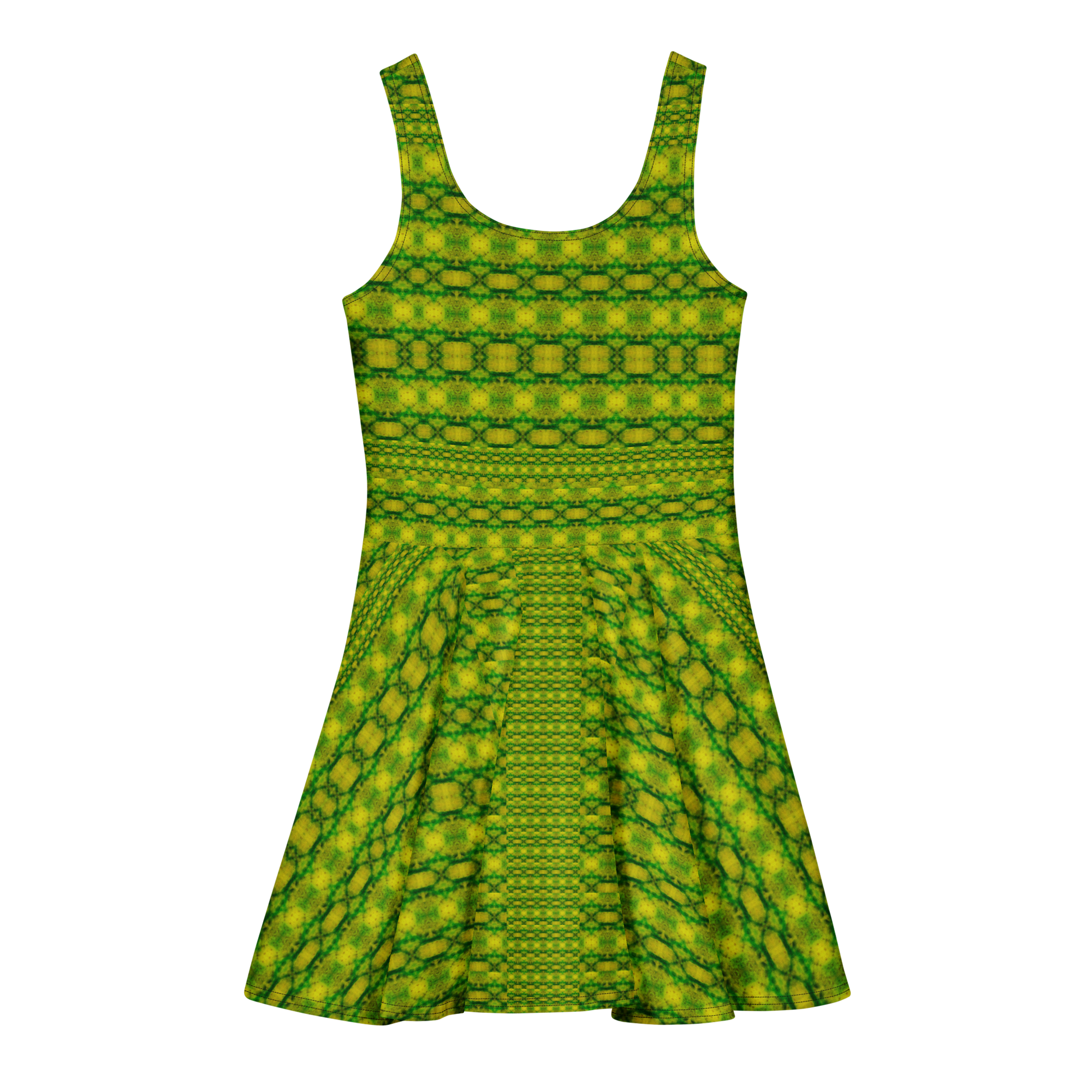 Purely Jade Light sleeveless Cotton Skater Dress with yellow-green and green jade-light print, back view with fitted bodice and flared skirt