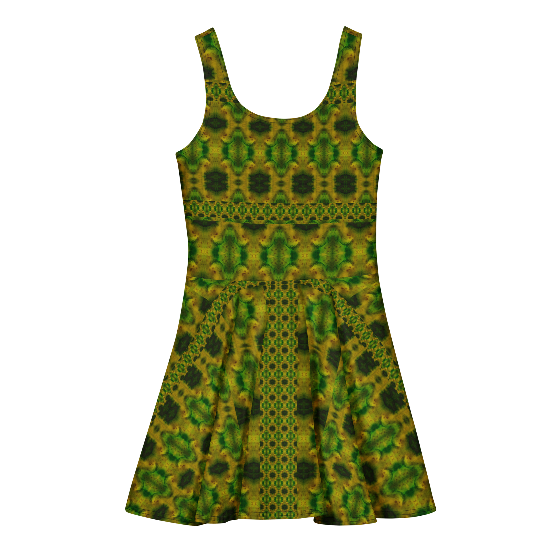 Purely Jade Light sleeveless Cotton Skater Dress with green-and-gold jade-light print with deep green accents, back view with fitted bodice and flared skirt