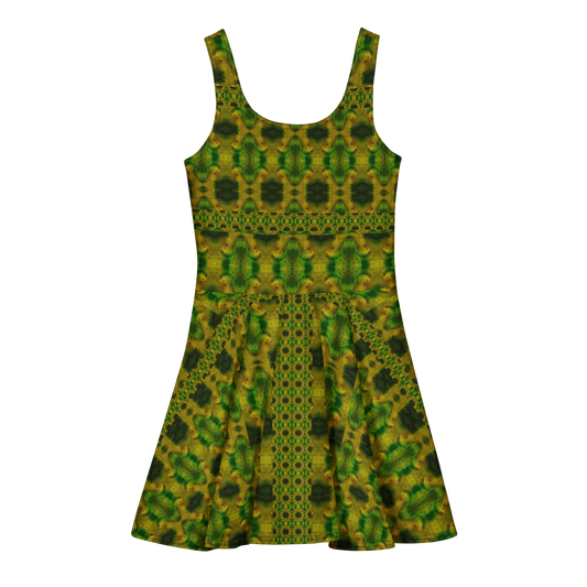 Purely Jade Light sleeveless Cotton Skater Dress with green-and-gold jade-light print with deep green accents, back view with fitted bodice and flared skirt