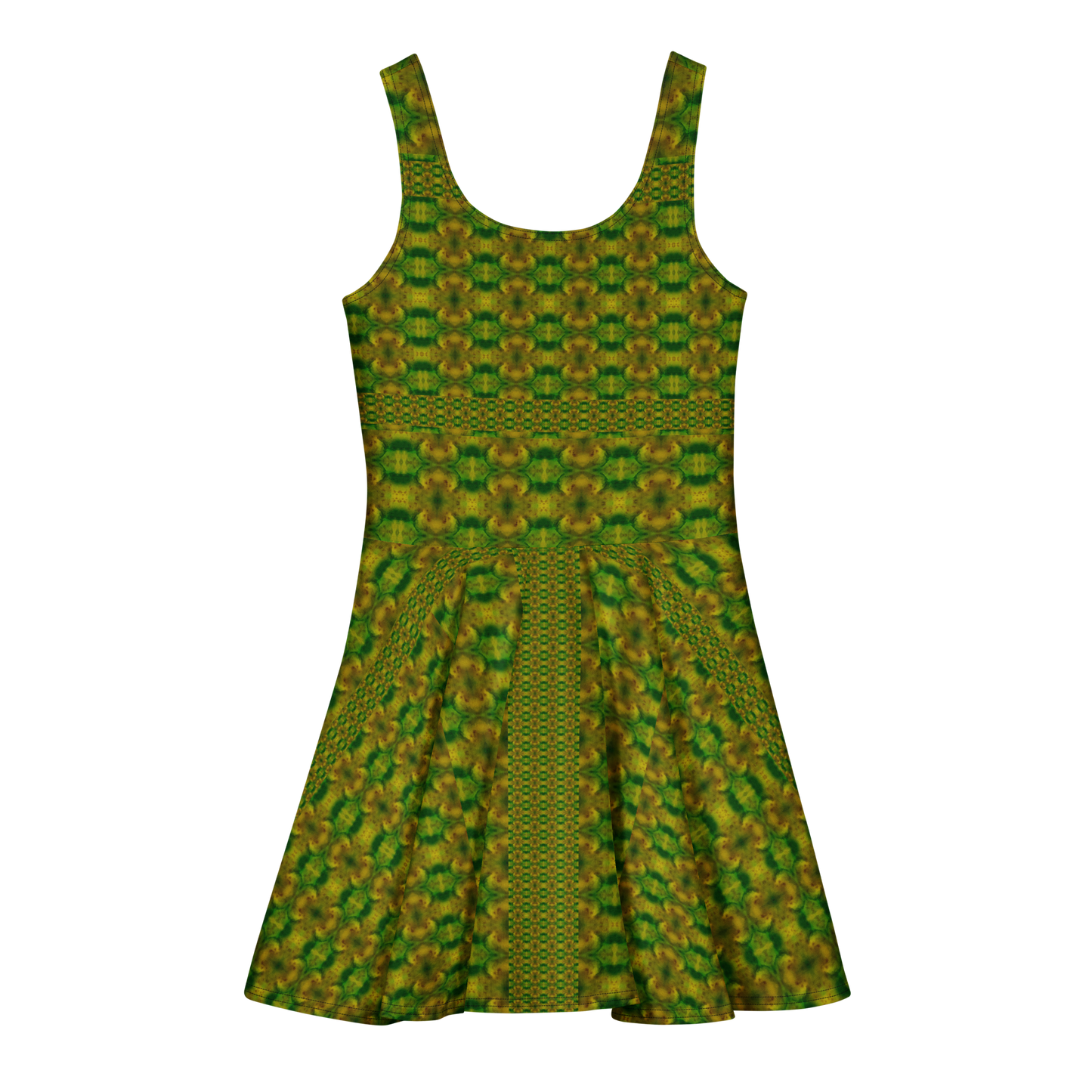 Purely Jade Light sleeveless Cotton Skater Dress with green-and-gold jade-light print, back view with fitted bodice and flared skirt