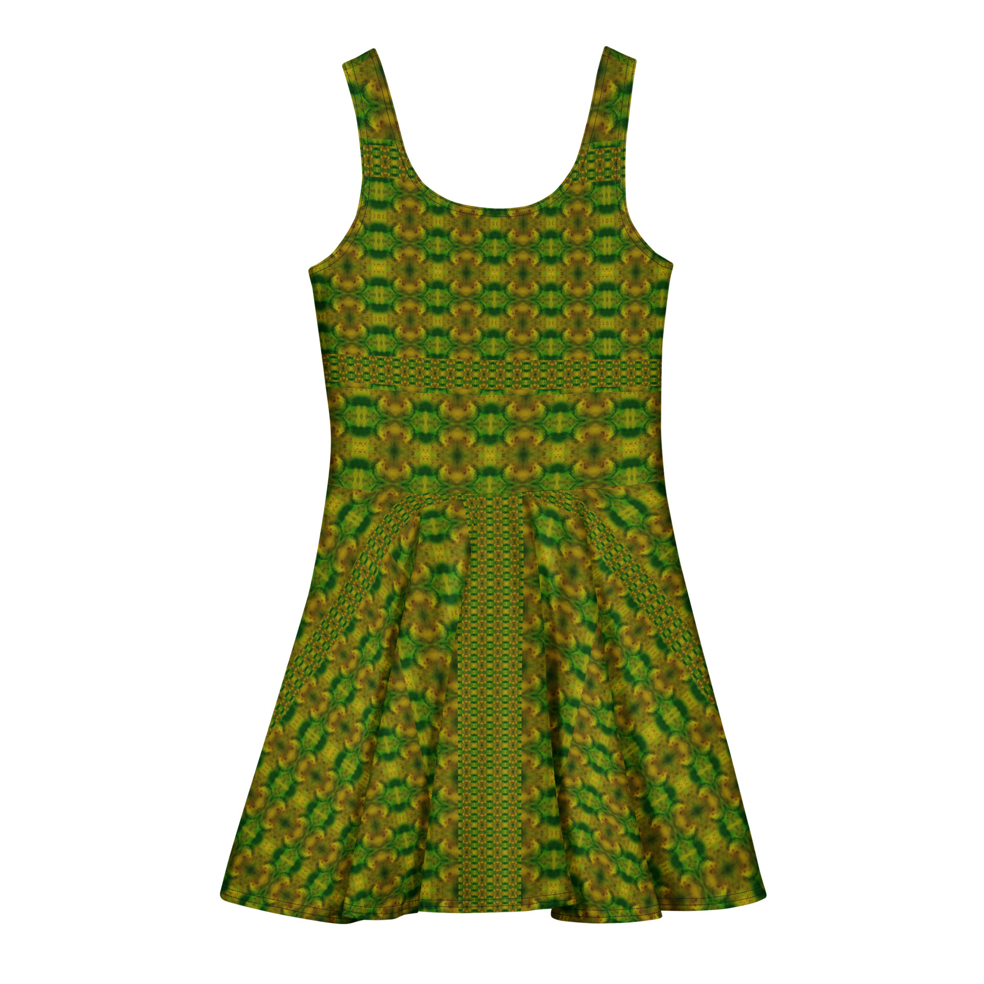 Purely Jade Light sleeveless Cotton Skater Dress with green-and-gold jade-light print, back view with fitted bodice and flared skirt