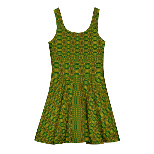 Purely Jade Light sleeveless Cotton Skater Dress with green-and-gold jade-light print, back view with fitted bodice and flared skirt