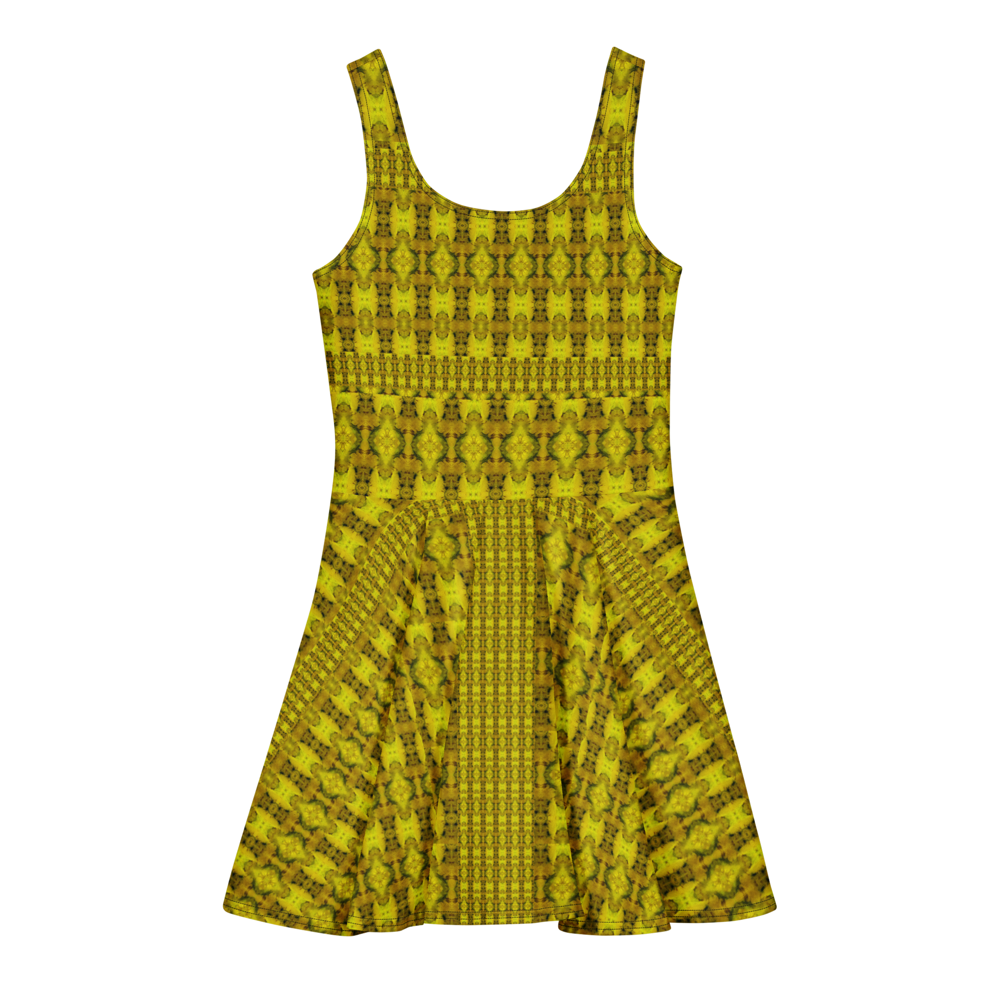 Purely Jade Light sleeveless Cotton Skater Dress with gold jade-light print with green accents, back view with fitted bodice and flared skirt