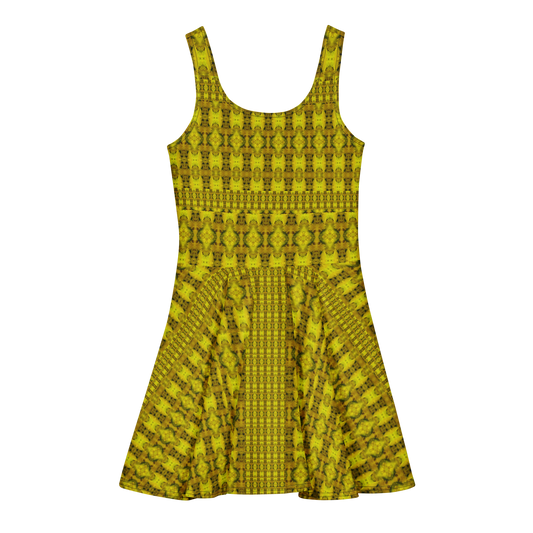 Purely Jade Light sleeveless Cotton Skater Dress with gold jade-light print with green accents, back view with fitted bodice and flared skirt