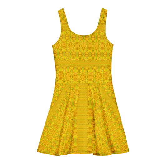 Purely Jade Light sleeveless Cotton Skater Dress with gold jade-light print, back view with fitted bodice and flared skirt