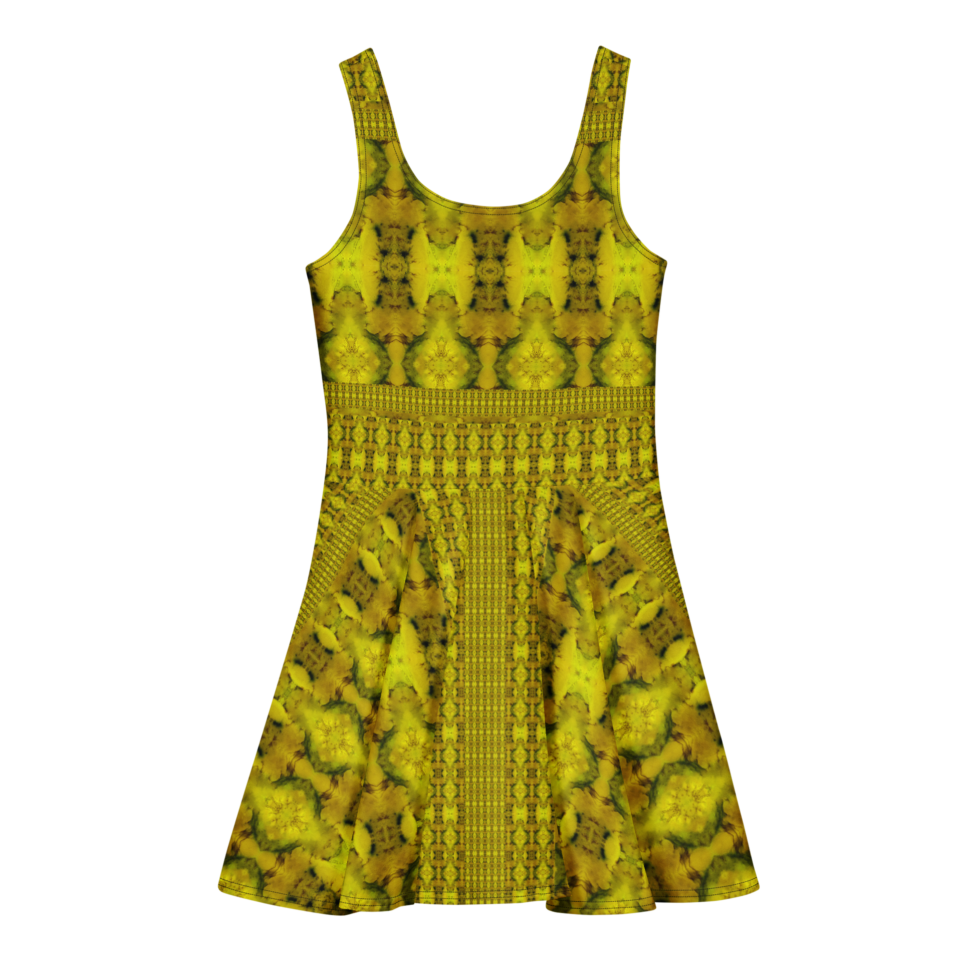 Purely Jade Light sleeveless Cotton Skater Dress with gold jade-light print, back view with fitted bodice and flared skirt