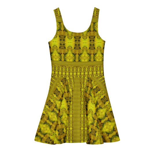 Purely Jade Light sleeveless Cotton Skater Dress with gold jade-light print, back view with fitted bodice and flared skirt