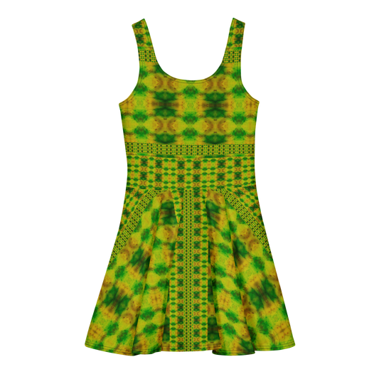 Purely Jade Light sleeveless Cotton Skater Dress with yellow-green and green jade-light print, back view with fitted bodice and flared skirt