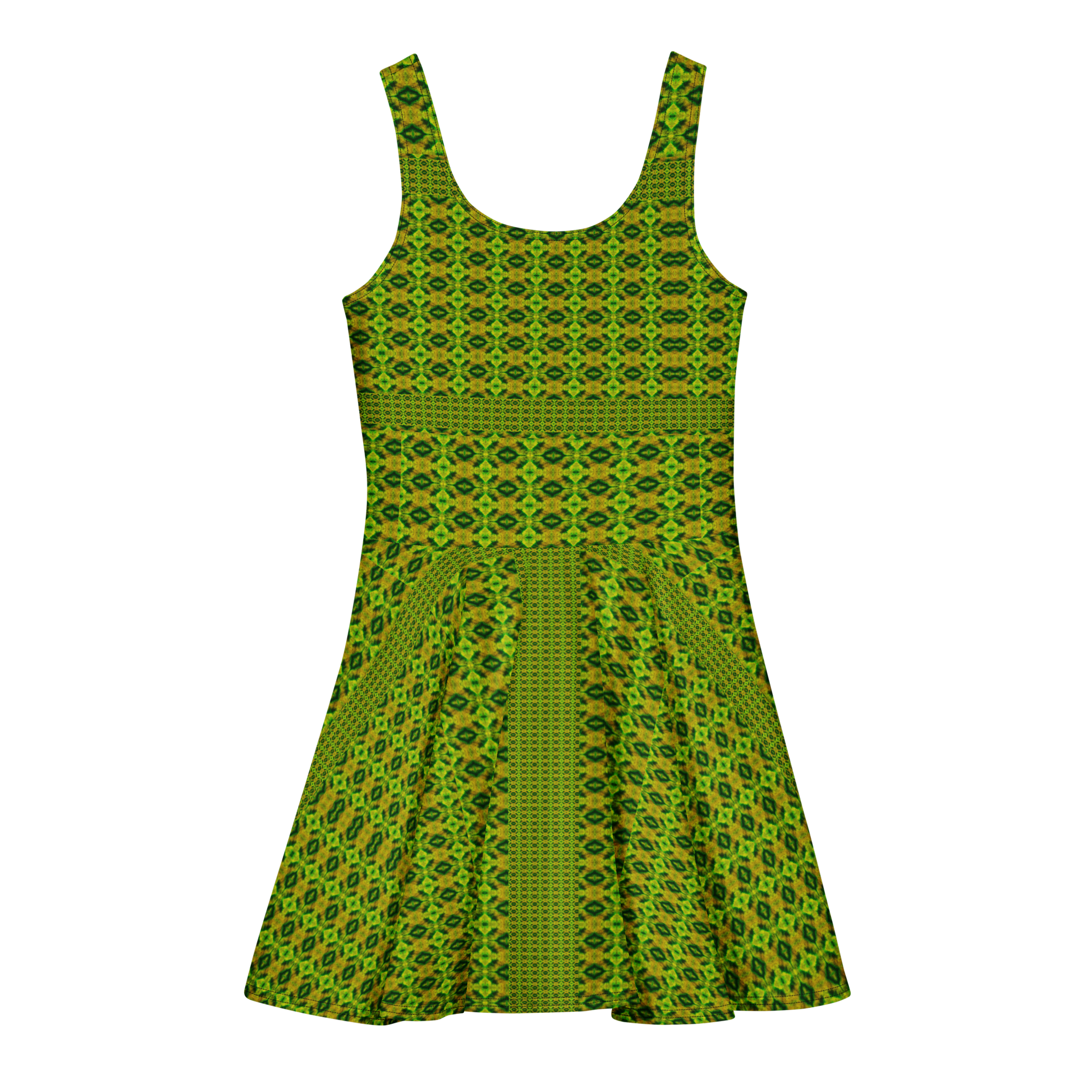 Purely Jade Light sleeveless Cotton Skater Dress with green-and-gold geometric jade-light print, back view with fitted bodice and flared skirt