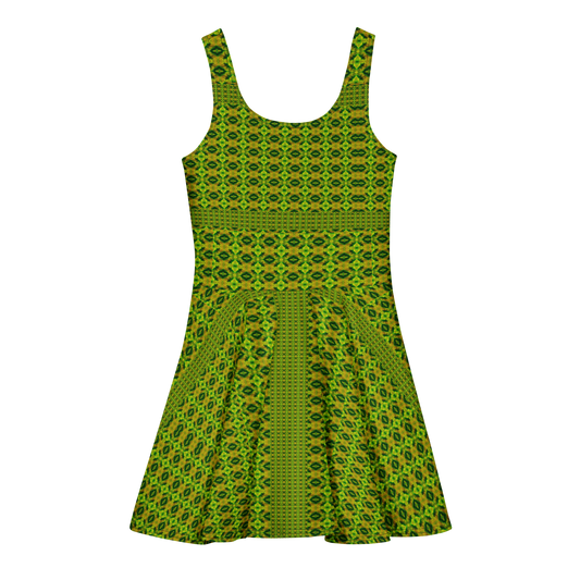 Purely Jade Light sleeveless Cotton Skater Dress with green-and-gold geometric jade-light print, back view with fitted bodice and flared skirt