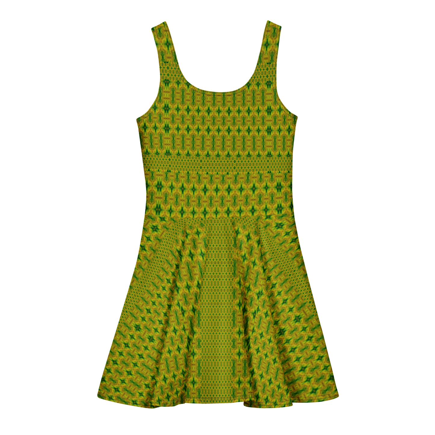Purely Jade Light sleeveless Cotton Skater Dress with yellow-green jade-light print, back view with fitted bodice and flared skirt