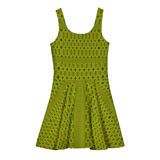 Purely Jade Light sleeveless Cotton Skater Dress with yellow-green jade-light print, back view with fitted bodice and flared skirt