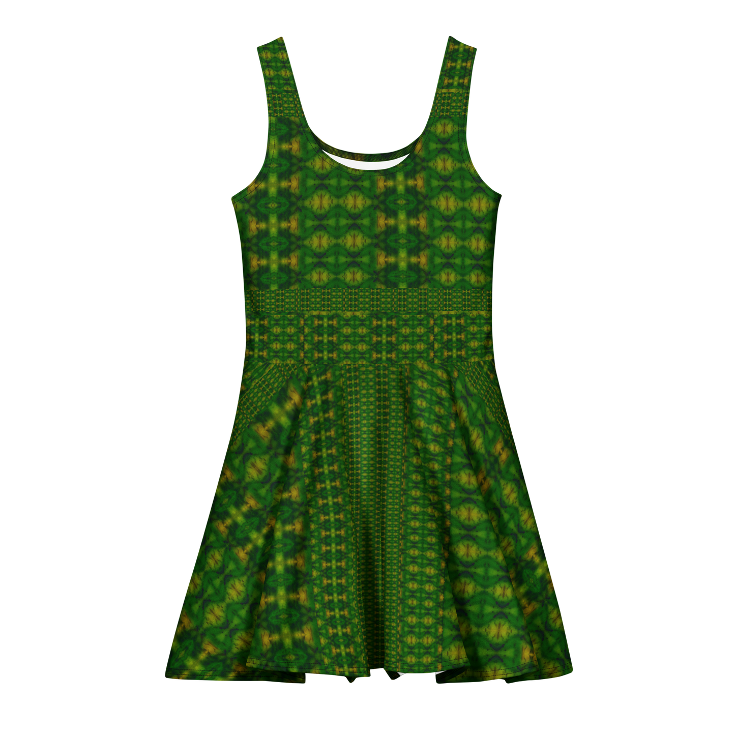 Purely Jade Light sleeveless Cotton Skater Dress with deep green jade-light print, front view with scoop neckline and flared skirt