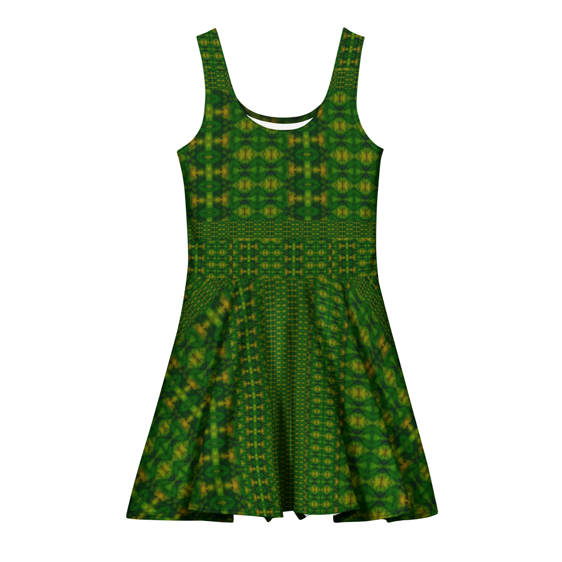 Purely Jade Light sleeveless Cotton Skater Dress with deep green jade-light print, front view with scoop neckline and flared skirt