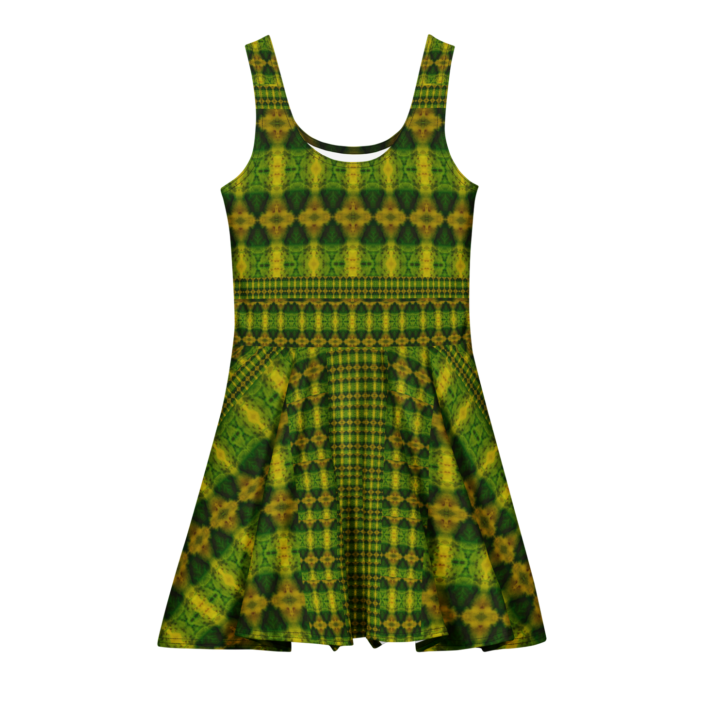 Purely Jade Light sleeveless Cotton Skater Dress with green-and-gold jade-light print, front view with scoop neckline and flared skirt