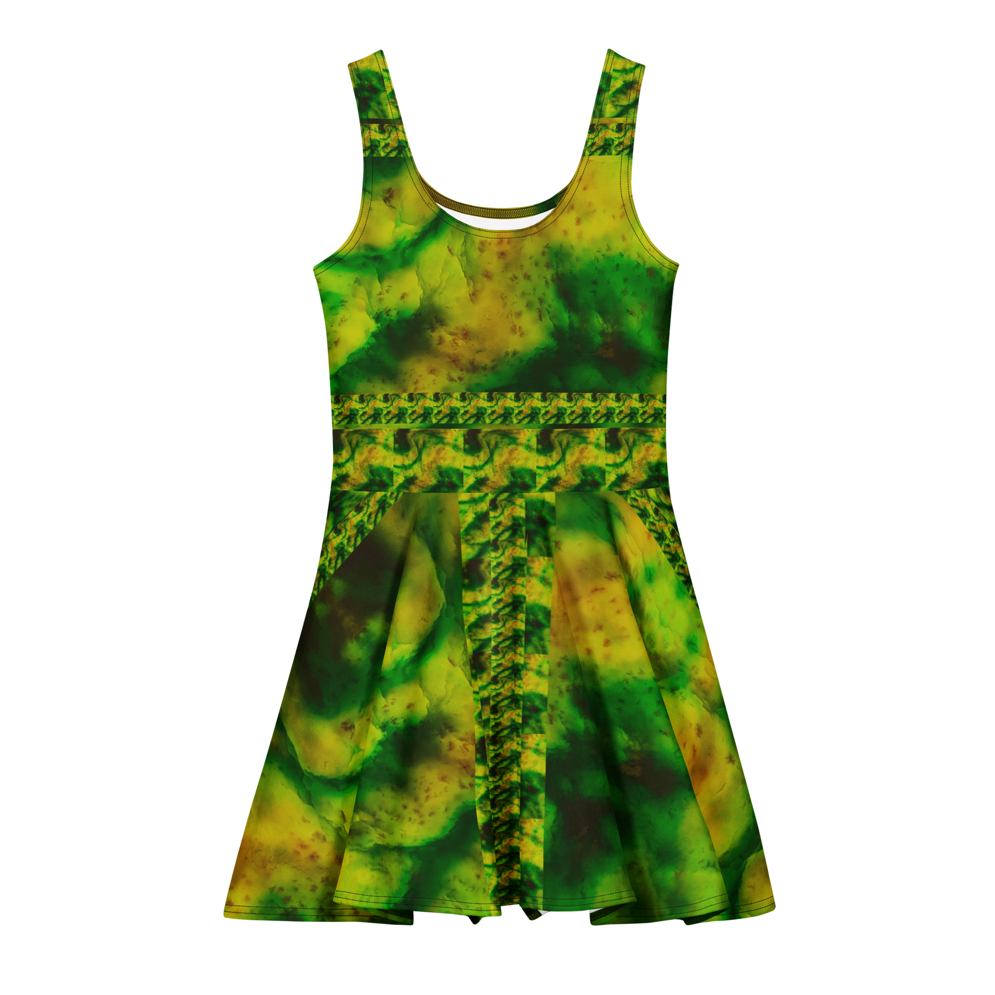 Purely Jade Light sleeveless Cotton Skater Dress with yellow-green and deep green jade-light print, front view with scoop neckline and flared skirt