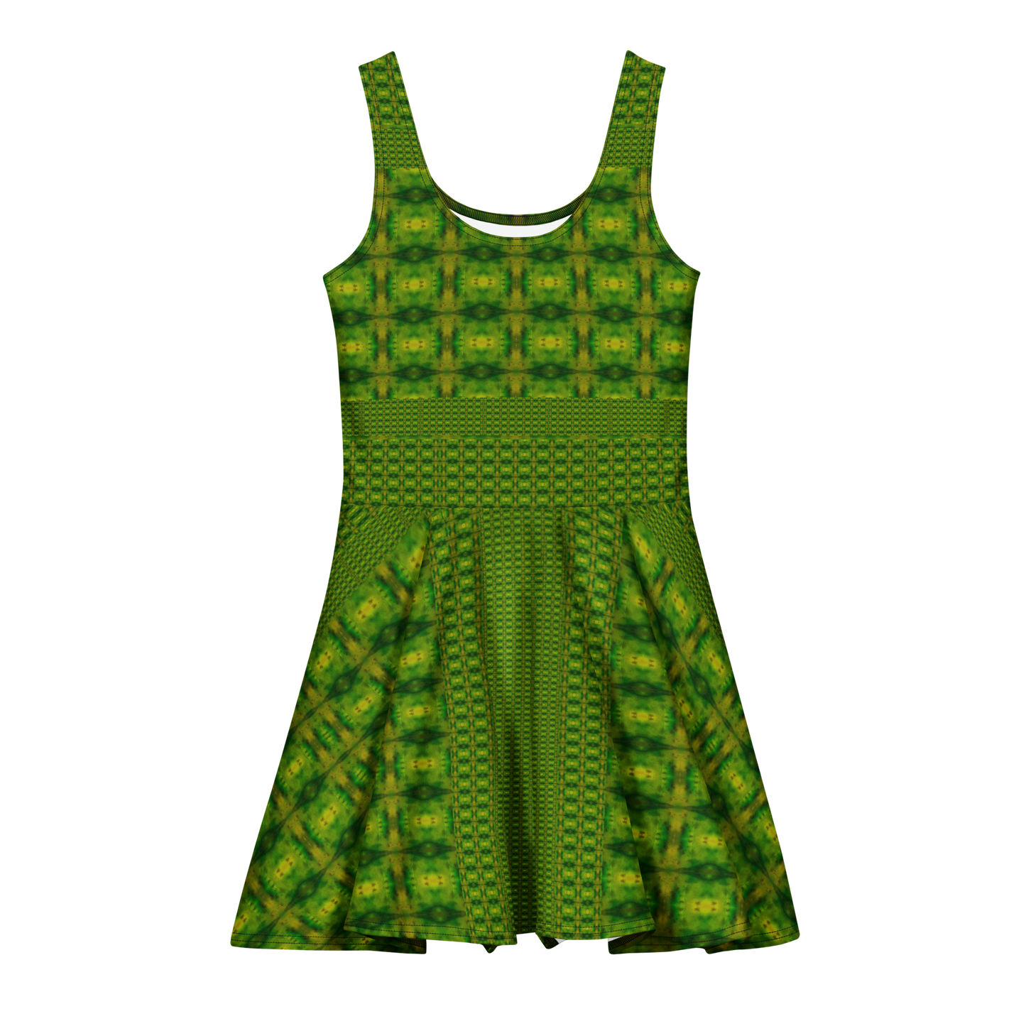 Purely Jade Light sleeveless Cotton Skater Dress with green-and-gold jade-light print, front view with scoop neckline and flared skirt
