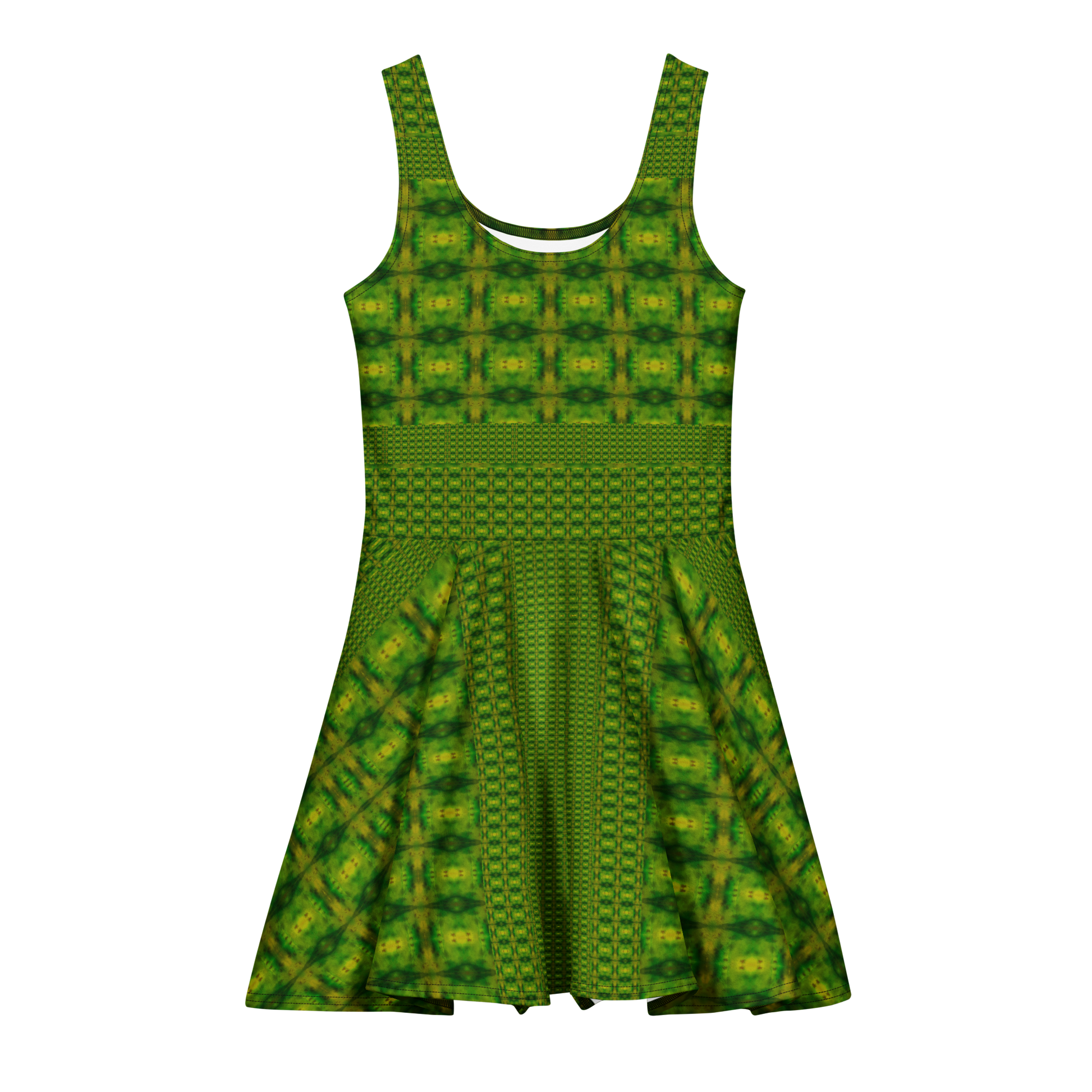 Purely Jade Light sleeveless Cotton Skater Dress with green-and-gold jade-light print, front view with scoop neckline and flared skirt
