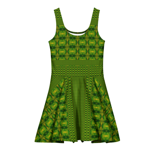 Purely Jade Light sleeveless Cotton Skater Dress with green-and-gold jade-light print, front view with scoop neckline and flared skirt