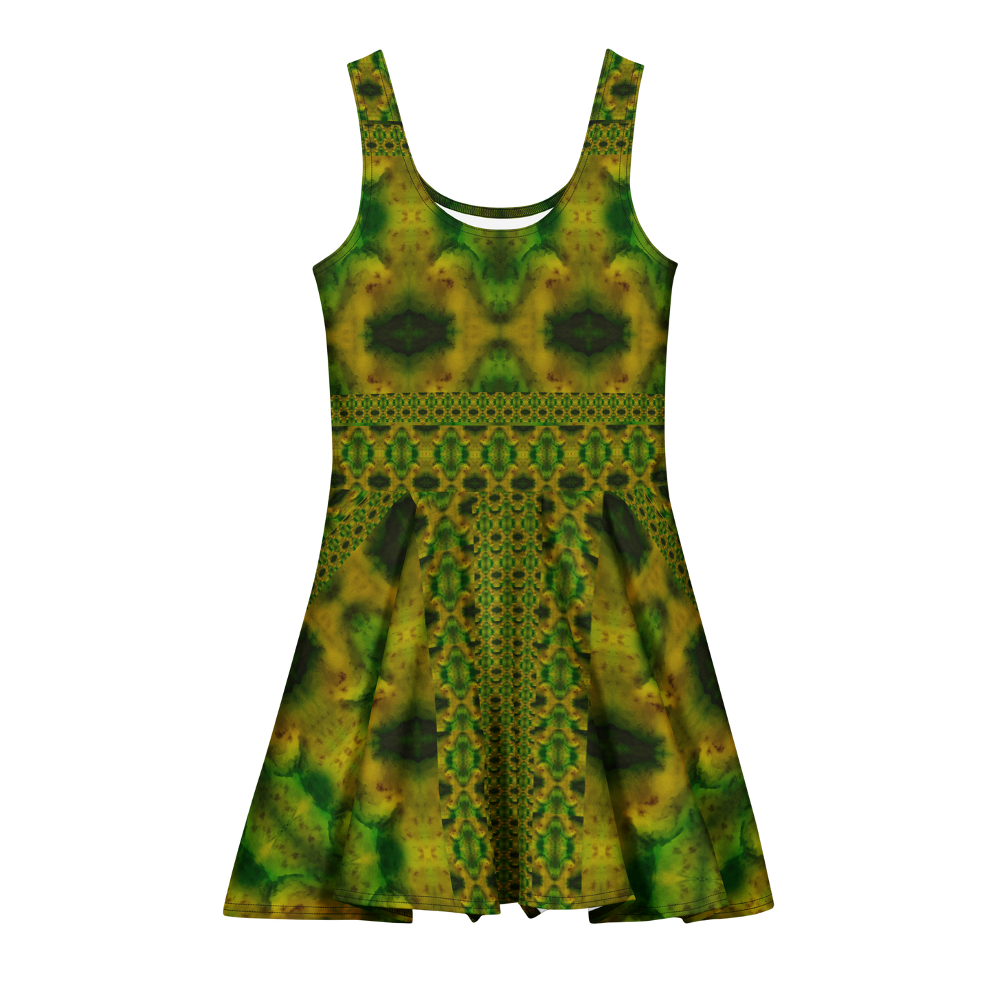Purely Jade Light sleeveless Cotton Skater Dress with gold-green jade-light print with deep green accents, front view with scoop neckline and flared skirt