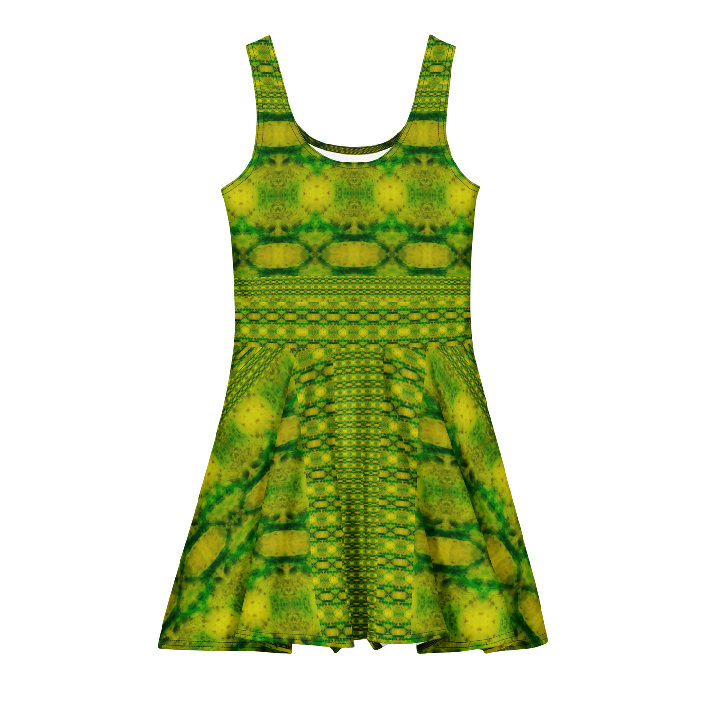 Purely Jade Light sleeveless Cotton Skater Dress with yellow-green jade-light print, front view with scoop neckline and flared skirt