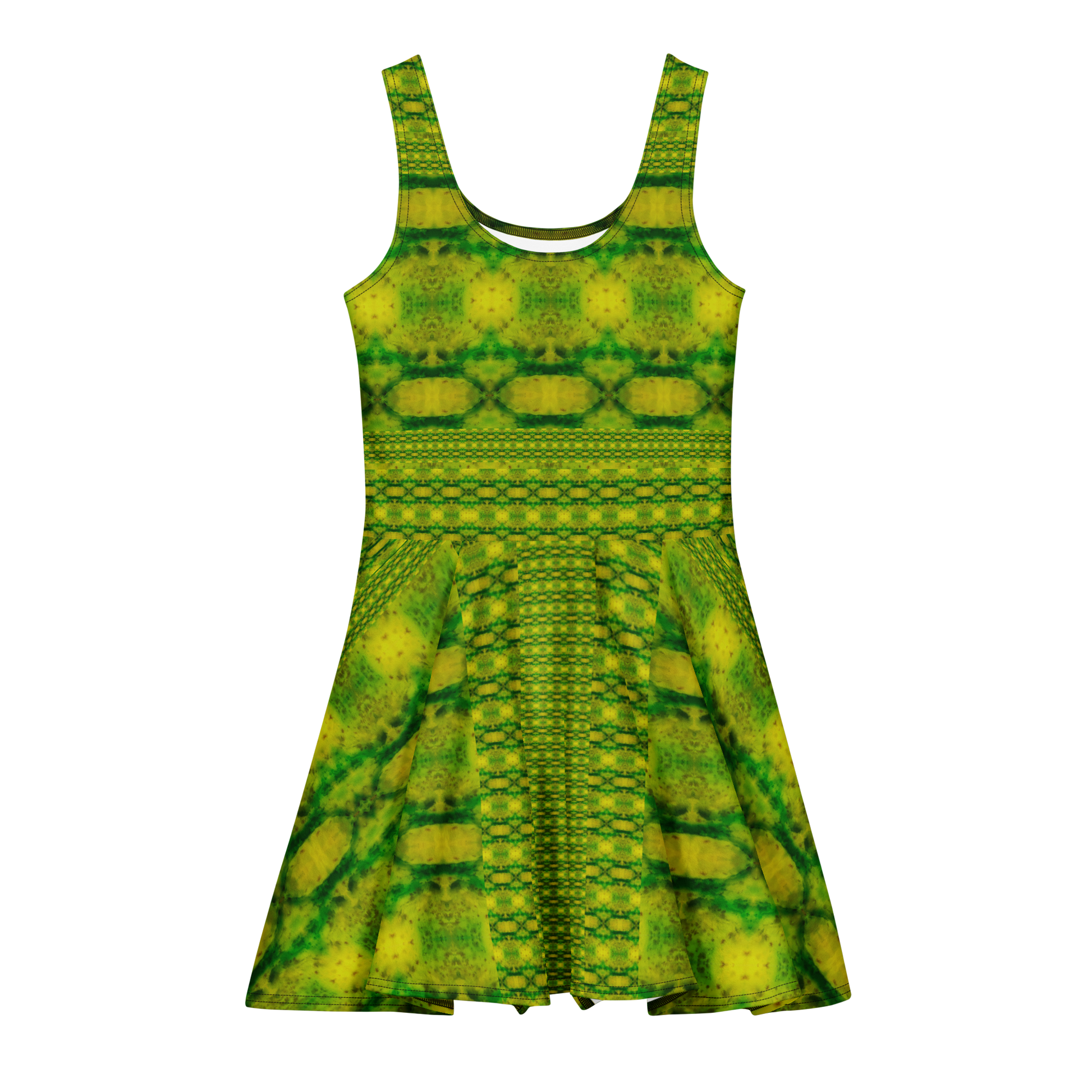 Purely Jade Light sleeveless Cotton Skater Dress with yellow-green jade-light print, front view with scoop neckline and flared skirt