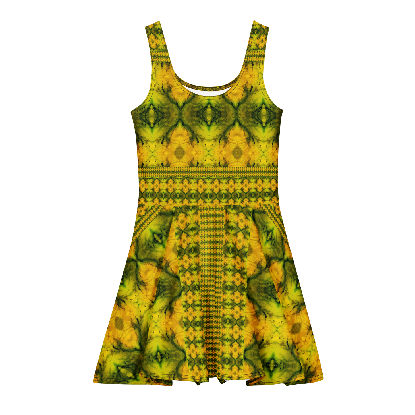 Purely Jade Light sleeveless Cotton Skater Dress with gold jade-light print with green accents, front view with scoop neckline and flared skirt