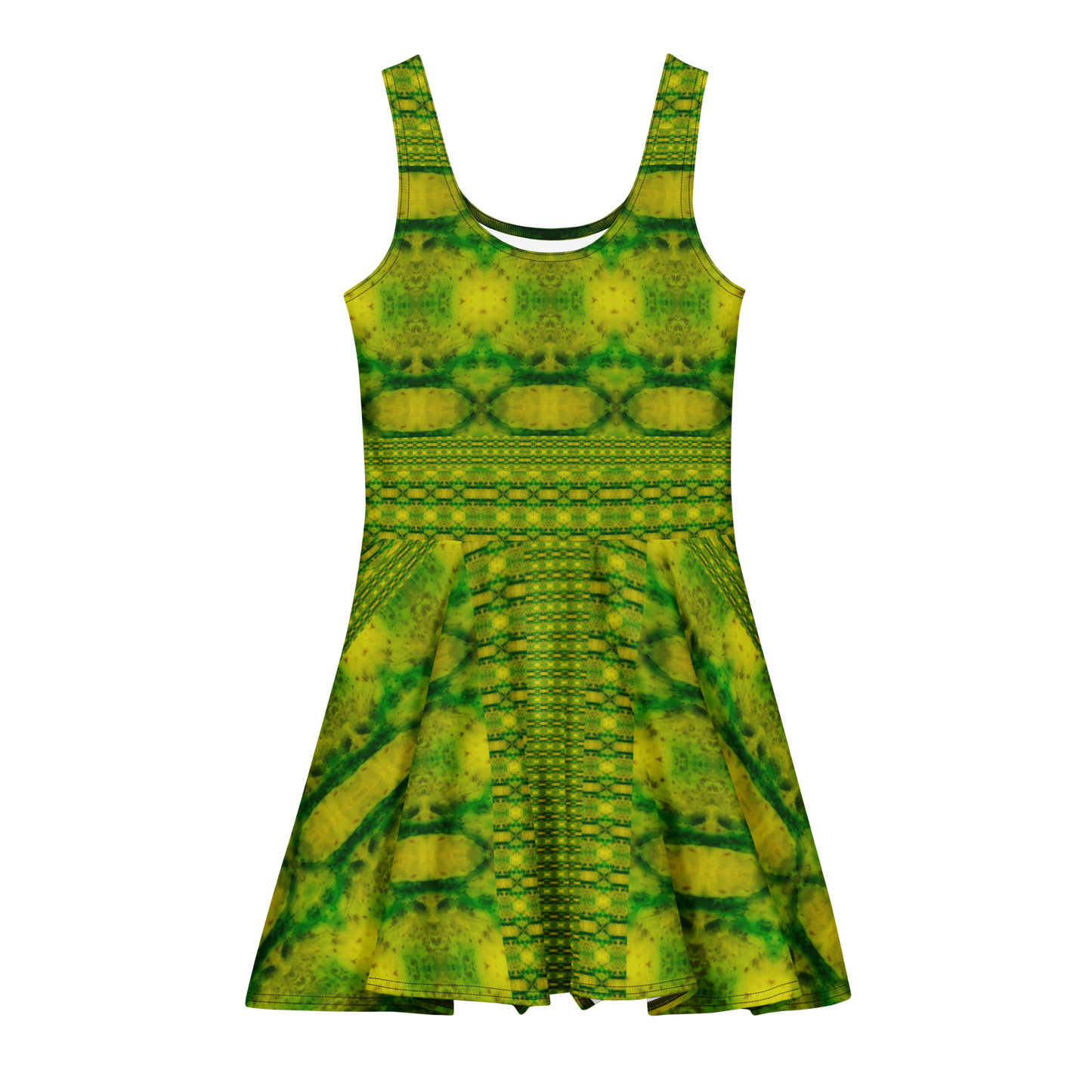 Purely Jade Light sleeveless Cotton Skater Dress with yellow-green jade-light print, front view with scoop neckline and flared skirt