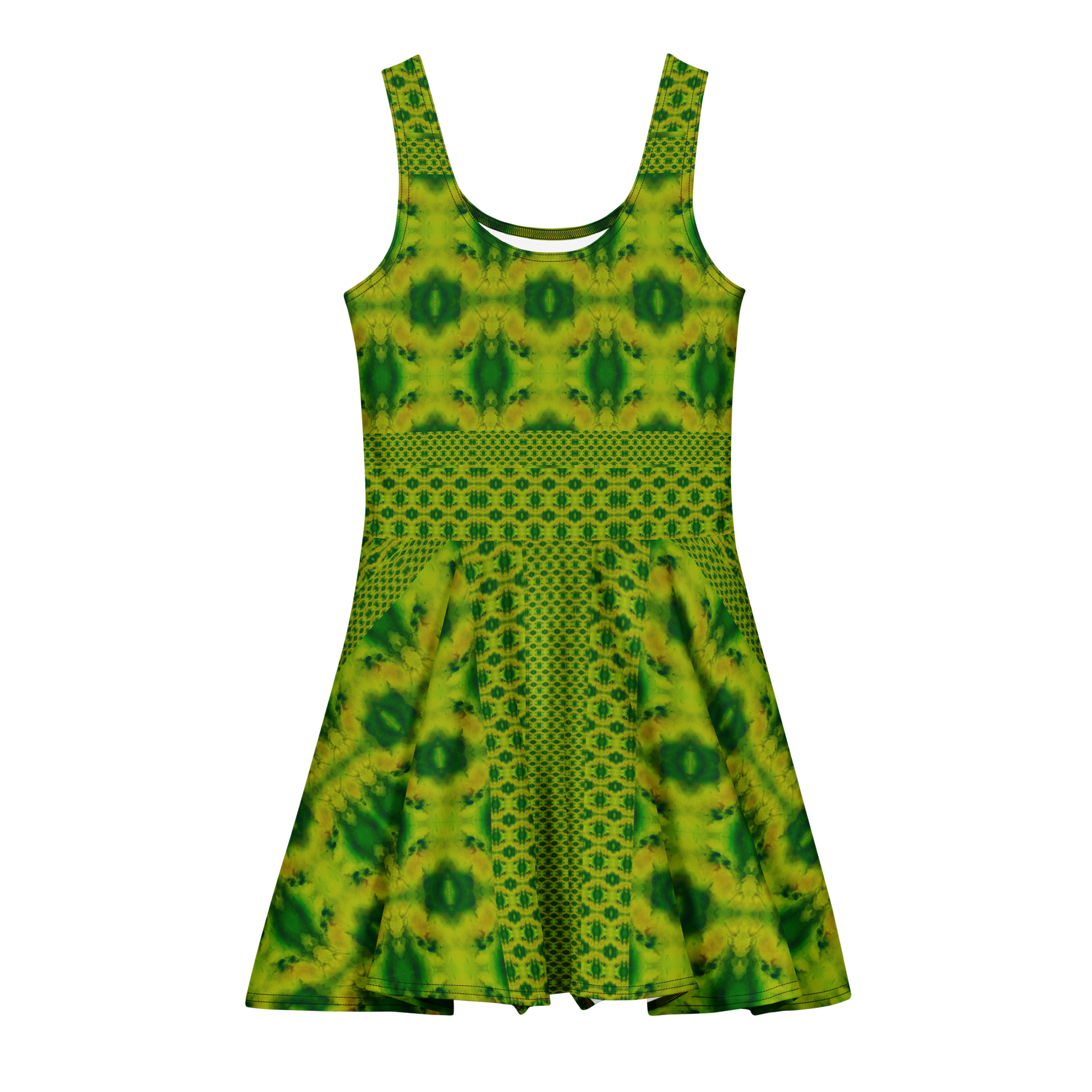 Purely Jade Light sleeveless Cotton Skater Dress with yellow-green jade-light print with deep green accents, front view with scoop neckline and flared skirt