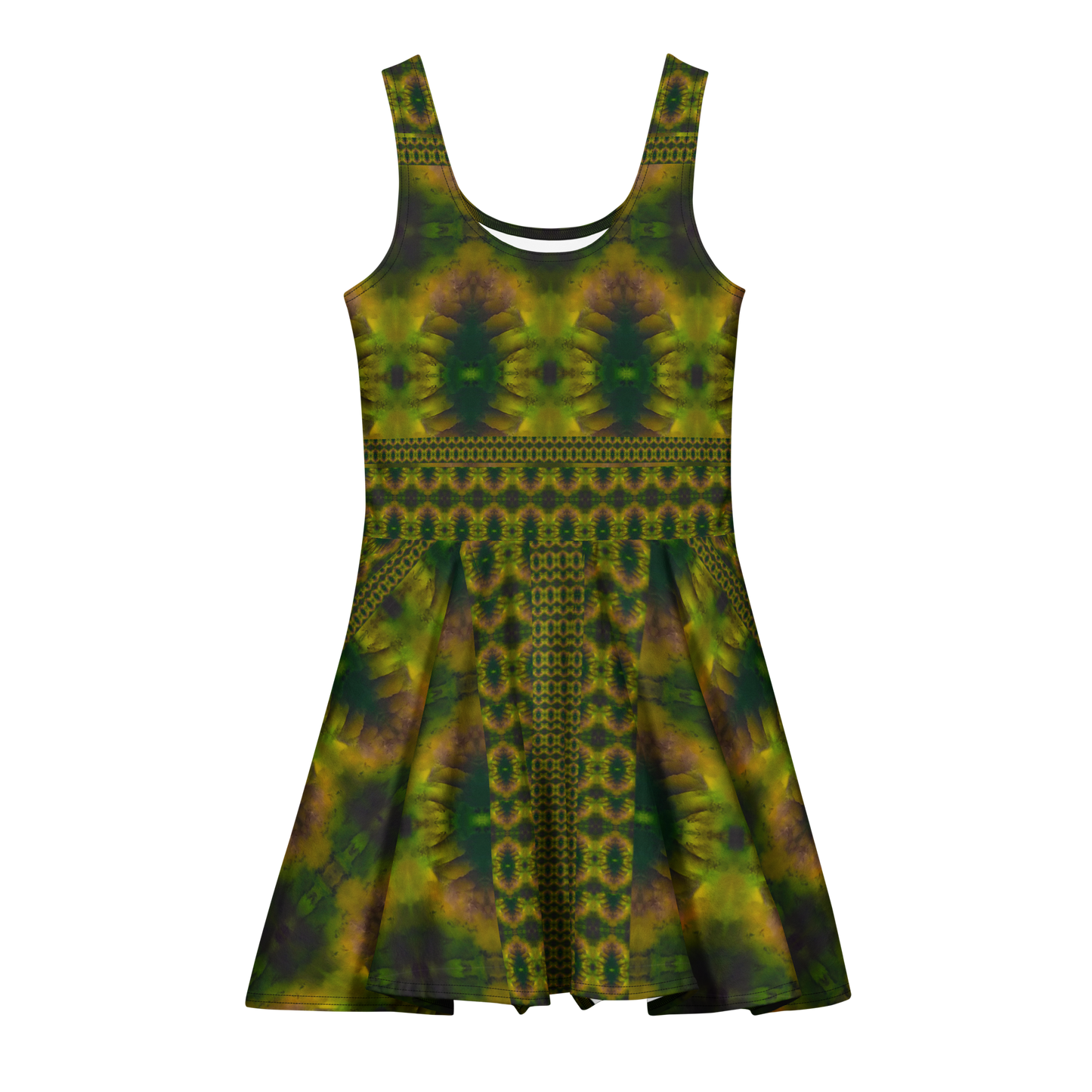 Purely Jade Light sleeveless Cotton Skater Dress with moss-green jade-light print with yellow-gold and muted plum shadow, front view with scoop neckline and flared skirt
