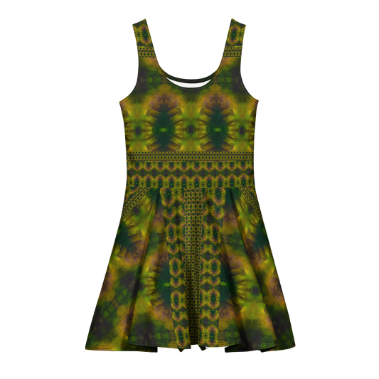 Purely Jade Light sleeveless Cotton Skater Dress with moss-green jade-light print with yellow-gold and muted plum shadow, front view with scoop neckline and flared skirt