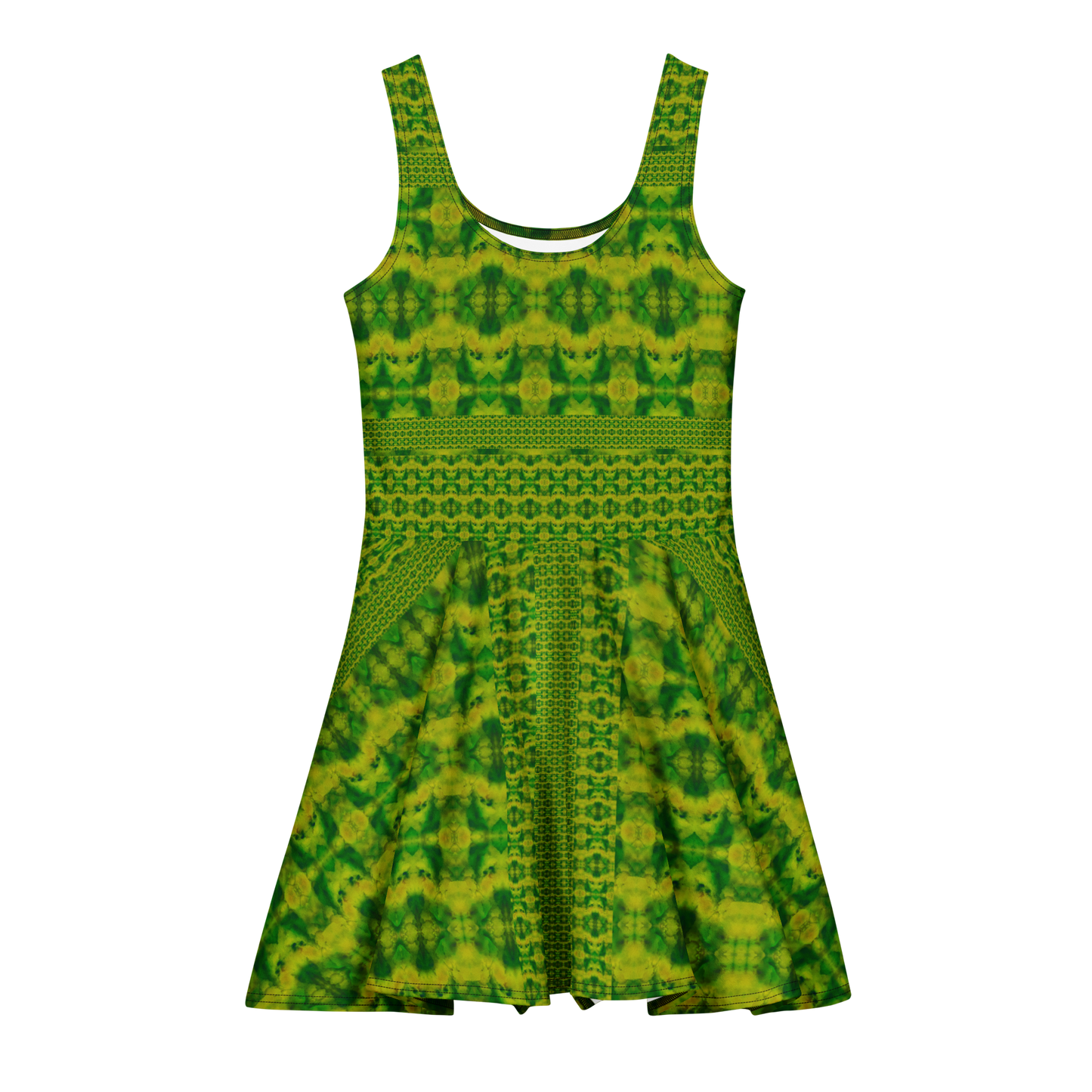 Purely Jade Light sleeveless Cotton Skater Dress with green-and-gold jade-light print, front view with scoop neckline and flared skirt