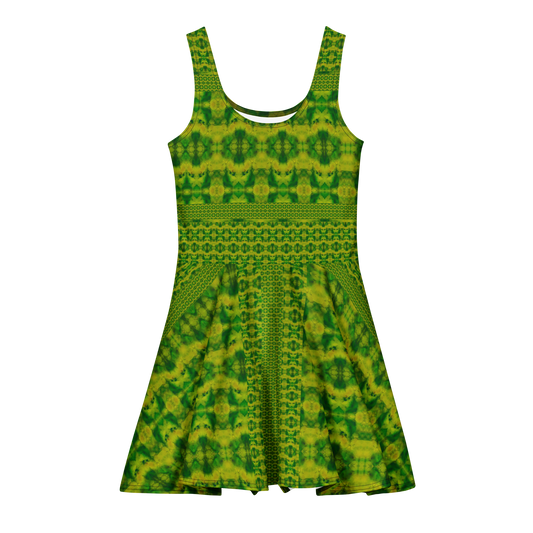 Purely Jade Light sleeveless Cotton Skater Dress with green-and-gold jade-light print, front view with scoop neckline and flared skirt
