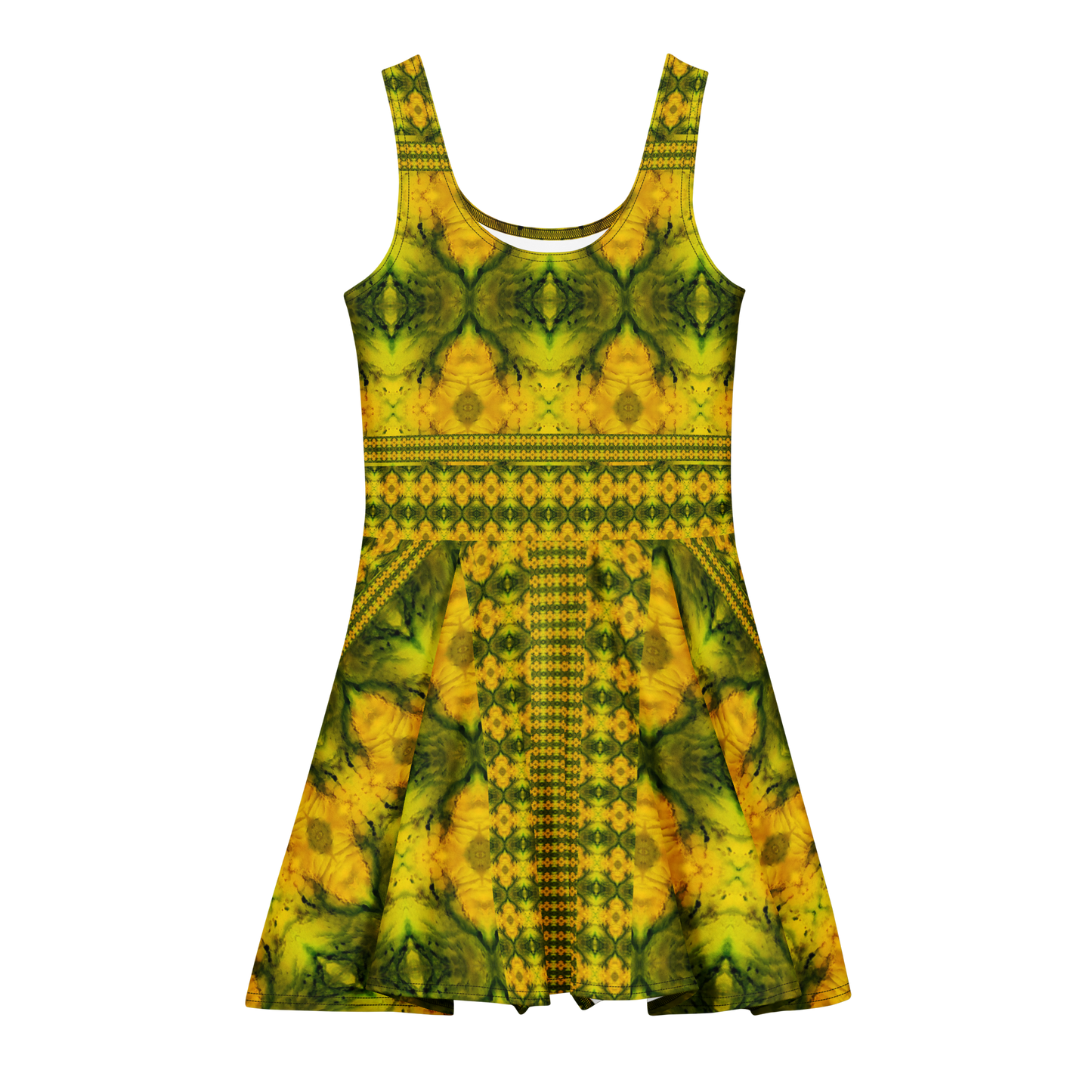 Purely Jade Light sleeveless Cotton Skater Dress with gold jade-light print with green accents, front view with scoop neckline and flared skirt