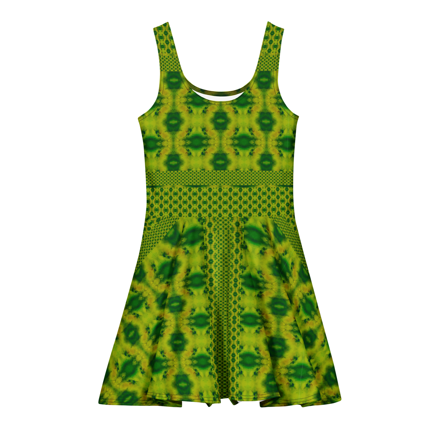 Purely Jade Light sleeveless Cotton Skater Dress with yellow-green jade-light print with deep green accents, front view with scoop neckline and flared skirt