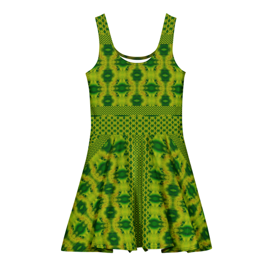 Purely Jade Light sleeveless Cotton Skater Dress with yellow-green jade-light print with deep green accents, front view with scoop neckline and flared skirt