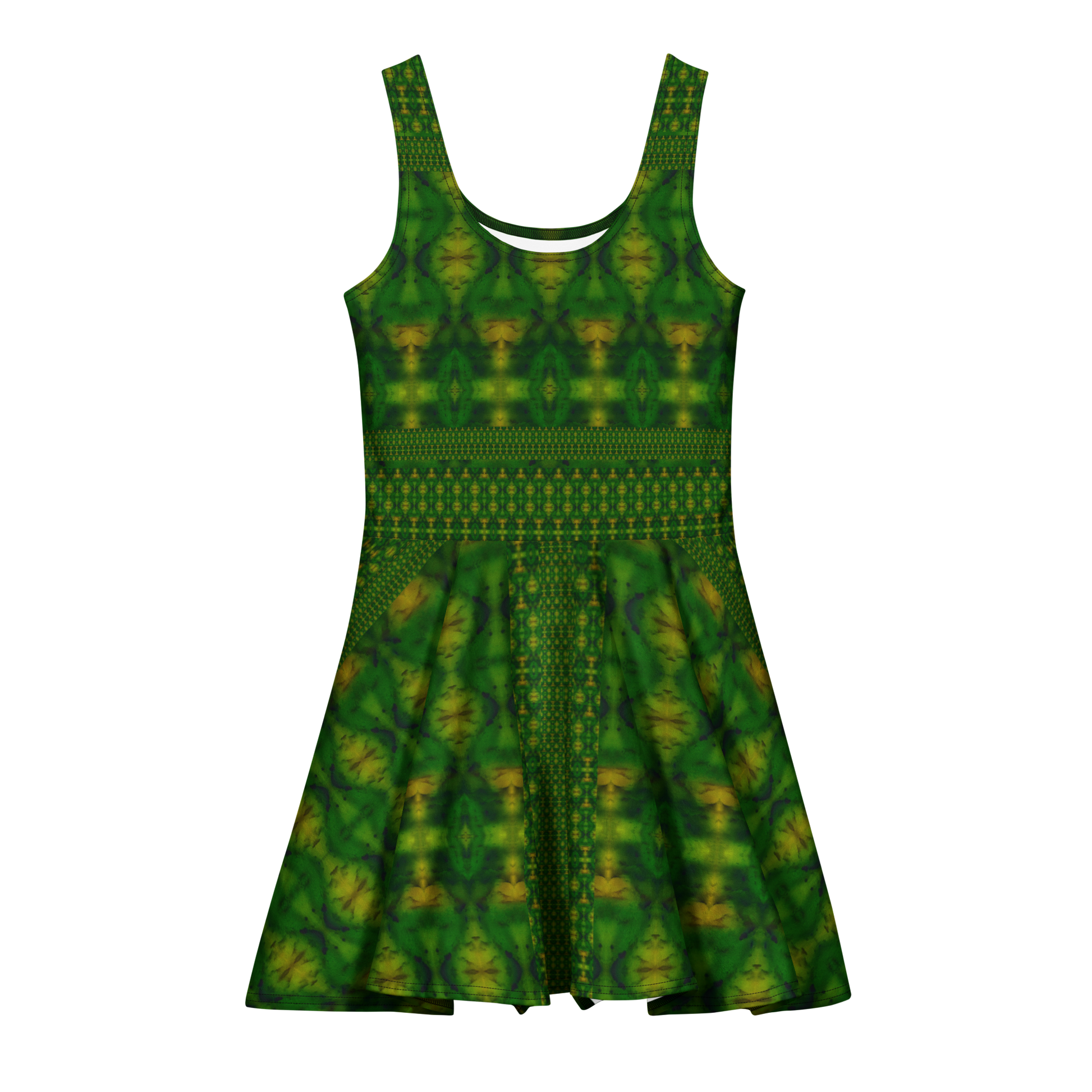 Purely Jade Light sleeveless Cotton Skater Dress with deep green jade-light print with gold highlights, front view with scoop neckline and flared skirt