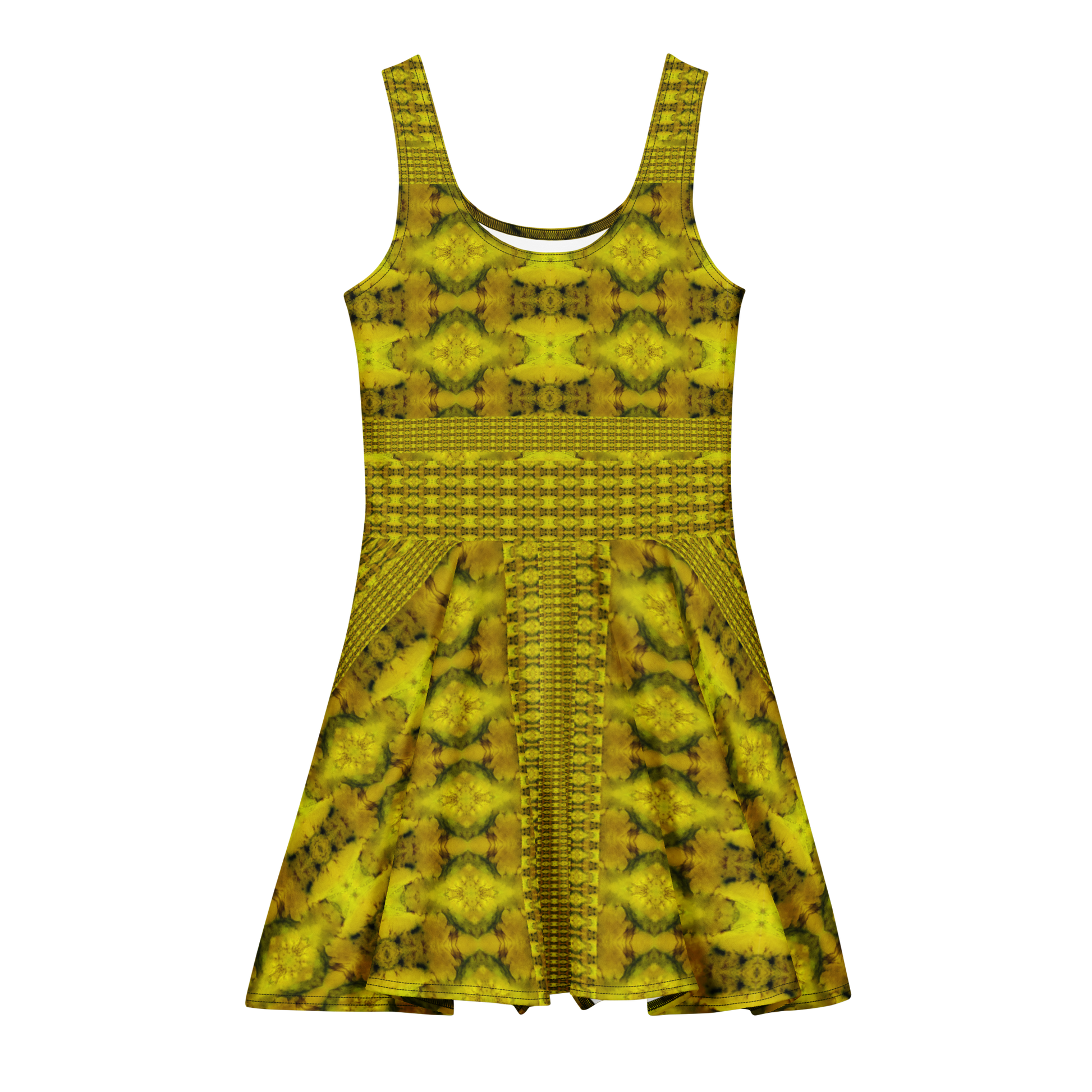 Purely Jade Light sleeveless Cotton Skater Dress with gold jade-light print with green shadows, front view with scoop neckline and flared skirt