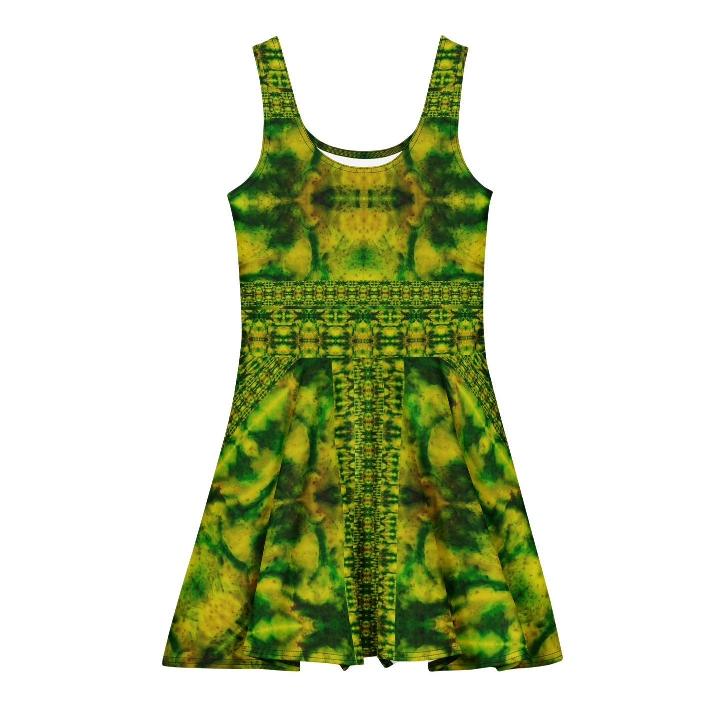 Purely Jade Light sleeveless Cotton Skater Dress with green-and-gold jade-light print, front view with scoop neckline and flared skirt
