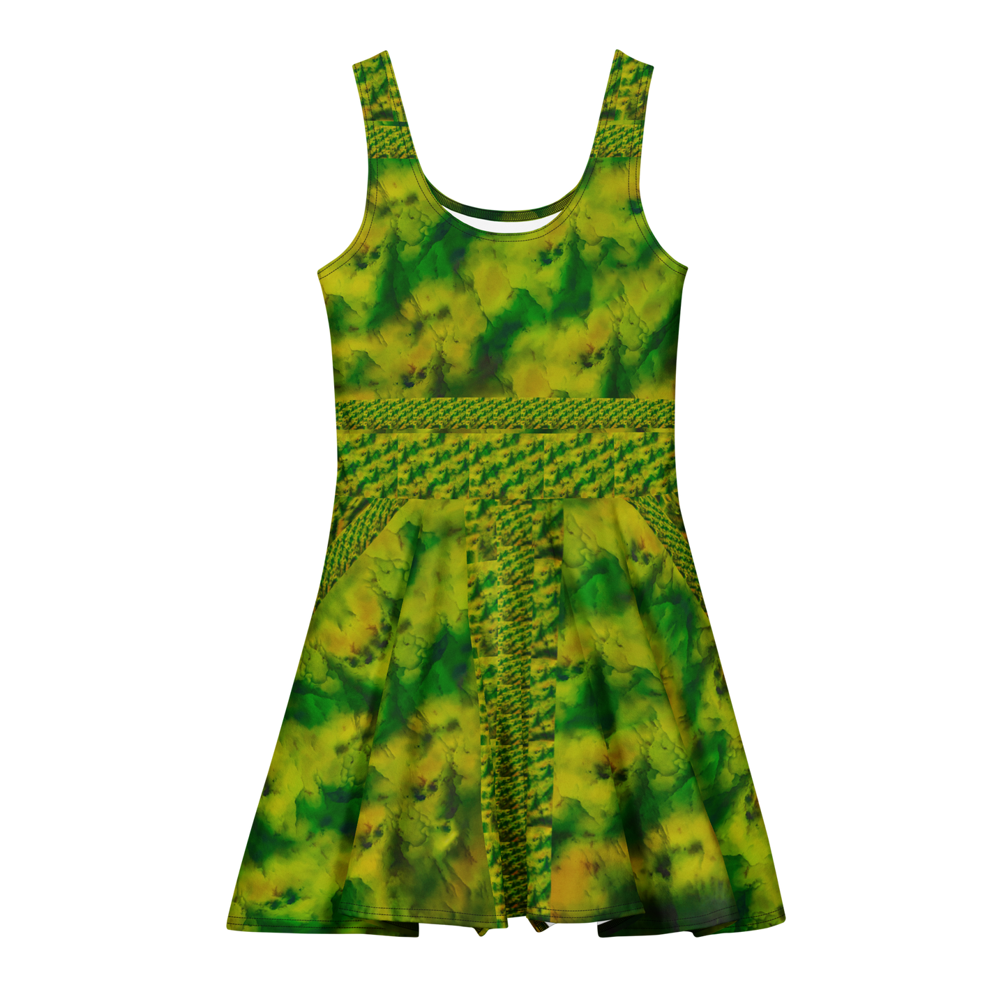 Purely Jade Light sleeveless Cotton Skater Dress with yellow-green and green jade-light print, front view with scoop neckline and flared skirt